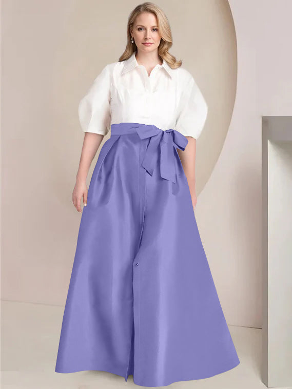 A Line Shirt Collar Long Plus Size Mother of the Bride 2 Piece Dress with Bowknot