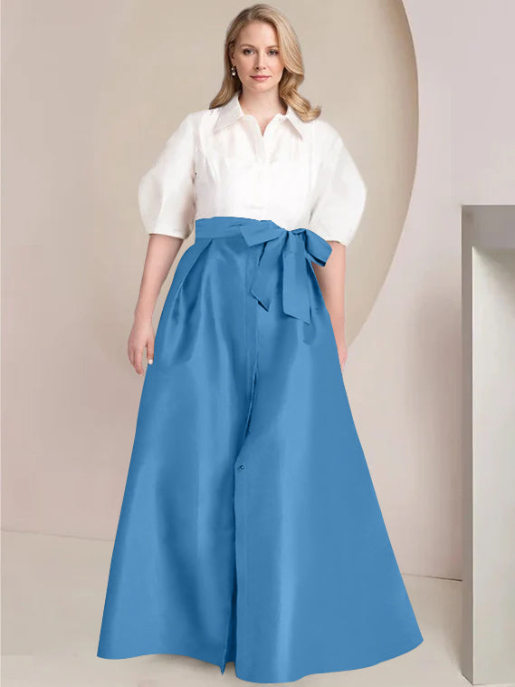 A Line Shirt Collar Long Plus Size Mother of the Bride 2 Piece Dress with Bowknot