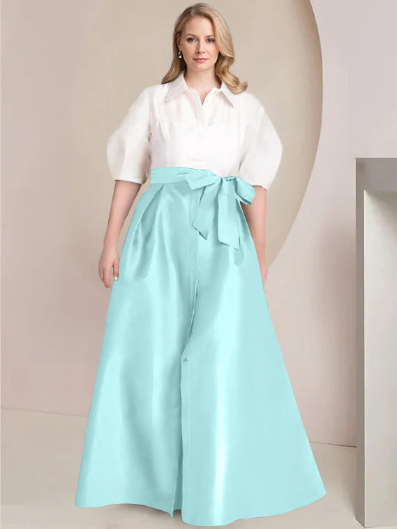 A Line Shirt Collar Long Plus Size Mother of the Bride 2 Piece Dress with Bowknot