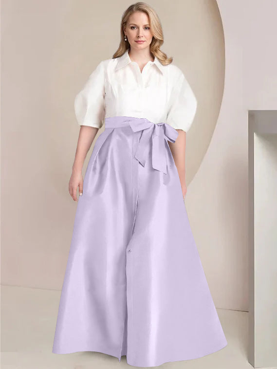 A Line Shirt Collar Long Plus Size Mother of the Bride 2 Piece Dress with Bowknot