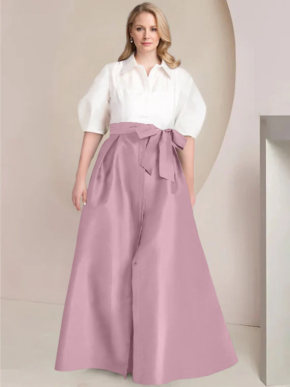 A Line Shirt Collar Long Plus Size Mother of the Bride 2 Piece Dress with Bowknot