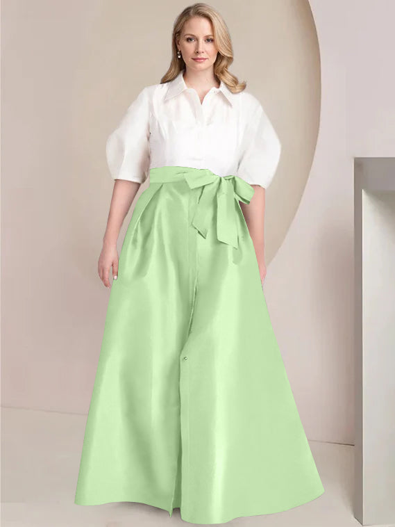 A Line Shirt Collar Long Plus Size Mother of the Bride 2 Piece Dress with Bowknot