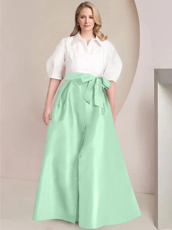 A Line Shirt Collar Long Plus Size Mother of the Bride 2 Piece Dress with Bowknot