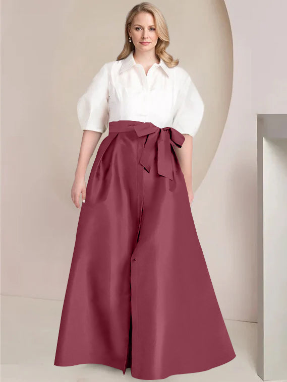 A Line Shirt Collar Long Plus Size Mother of the Bride 2 Piece Dress with Bowknot