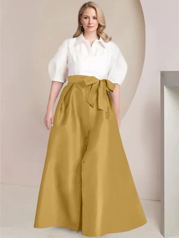 A Line Shirt Collar Long Plus Size Mother of the Bride 2 Piece Dress with Bowknot