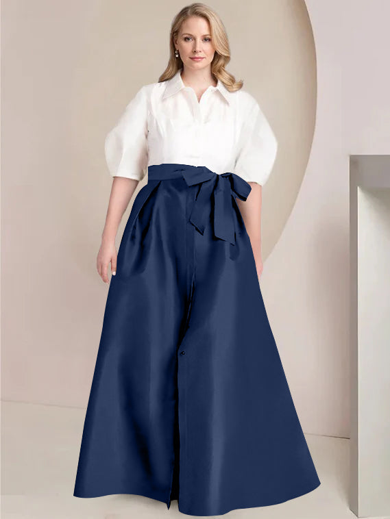 A Line Shirt Collar Long Plus Size Mother of the Bride 2 Piece Dress with Bowknot