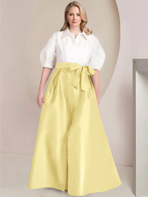 A Line Shirt Collar Long Plus Size Mother of the Bride 2 Piece Dress with Bowknot