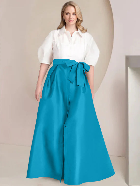A Line Shirt Collar Long Plus Size Mother of the Bride 2 Piece Dress with Bowknot