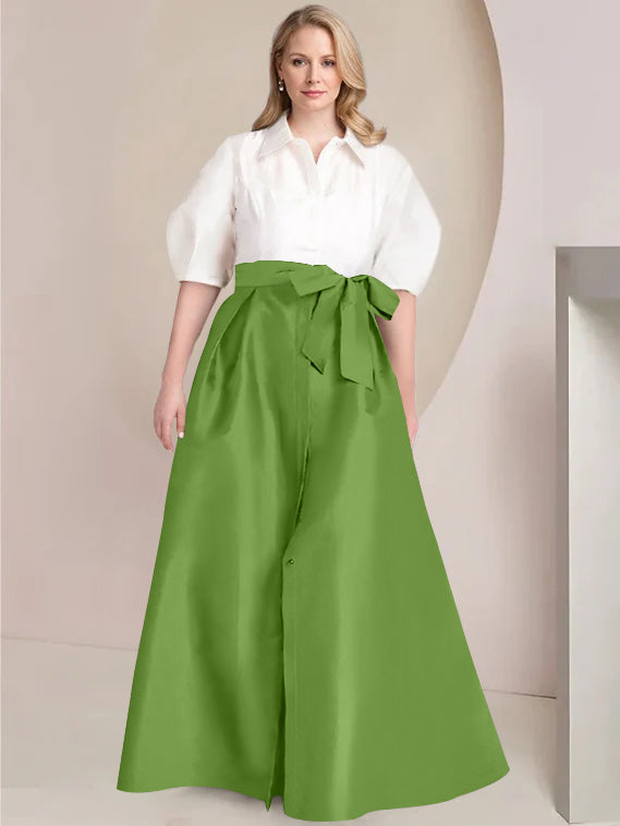 A Line Shirt Collar Long Plus Size Mother of the Bride 2 Piece Dress with Bowknot