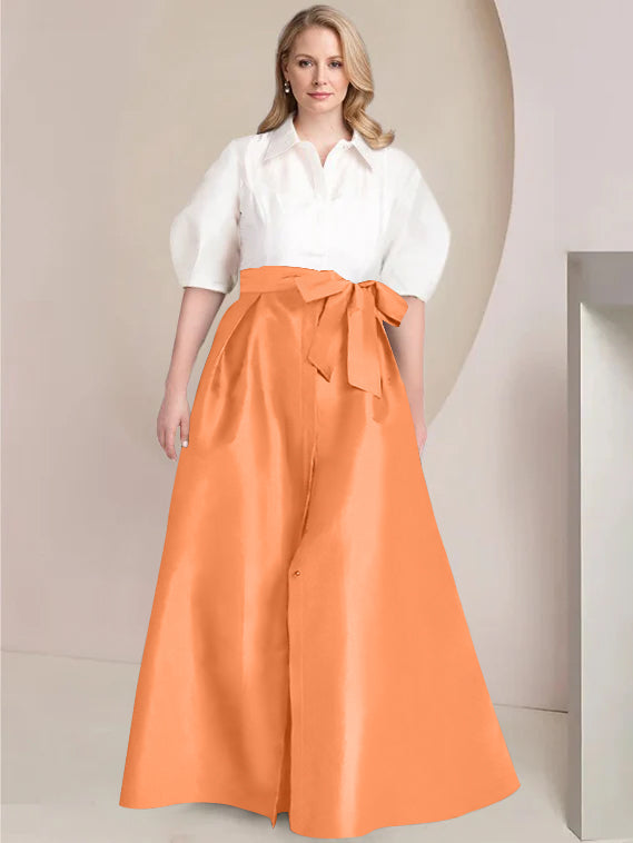 A Line Shirt Collar Long Plus Size Mother of the Bride 2 Piece Dress with Bowknot