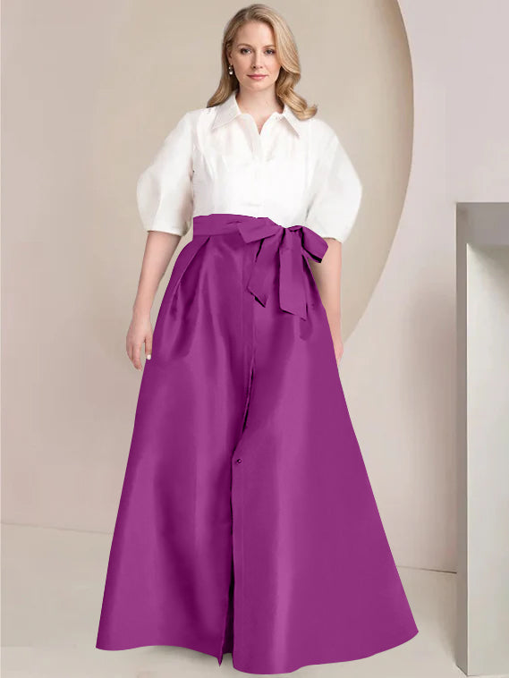 A Line Shirt Collar Long Plus Size Mother of the Bride 2 Piece Dress with Bowknot