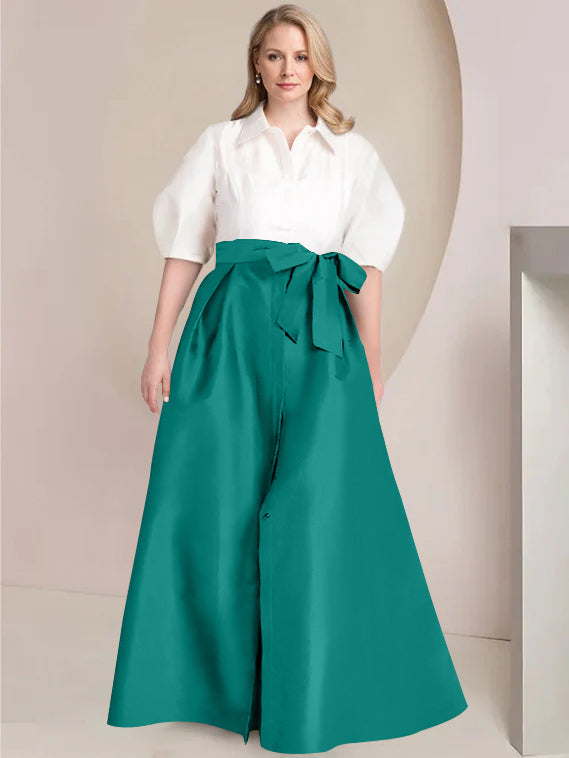 A Line Shirt Collar Long Plus Size Mother of the Bride 2 Piece Dress with Bowknot