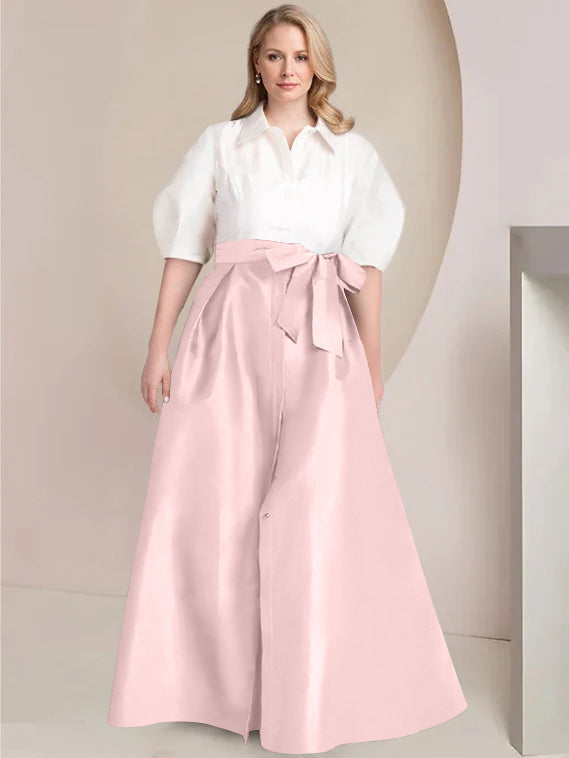 A Line Shirt Collar Long Plus Size Mother of the Bride 2 Piece Dress with Bowknot