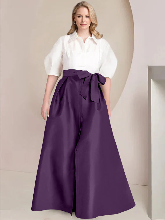 A Line Shirt Collar Long Plus Size Mother of the Bride 2 Piece Dress with Bowknot