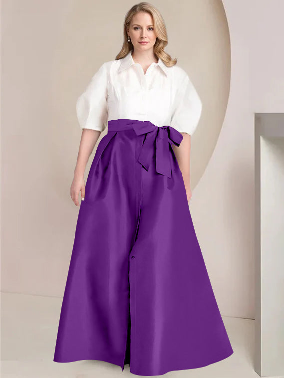 A Line Shirt Collar Long Plus Size Mother of the Bride 2 Piece Dress with Bowknot