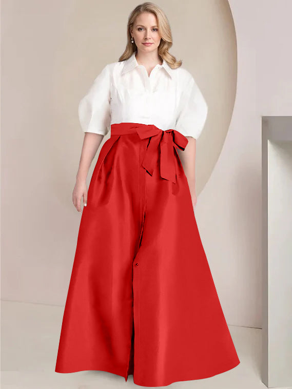 A Line Shirt Collar Long Plus Size Mother of the Bride 2 Piece Dress with Bowknot