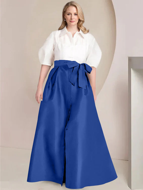 A Line Shirt Collar Long Plus Size Mother of the Bride 2 Piece Dress with Bowknot