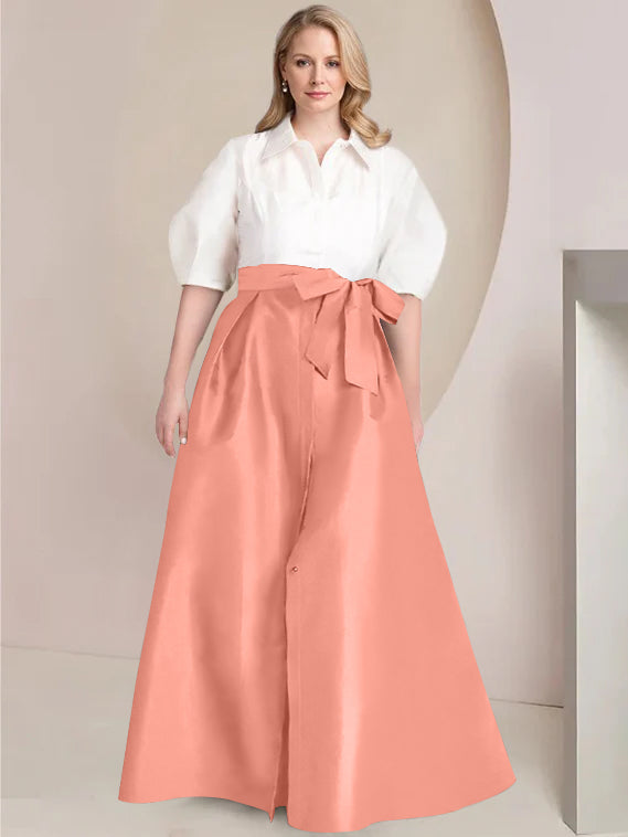 A Line Shirt Collar Long Plus Size Mother of the Bride 2 Piece Dress with Bowknot