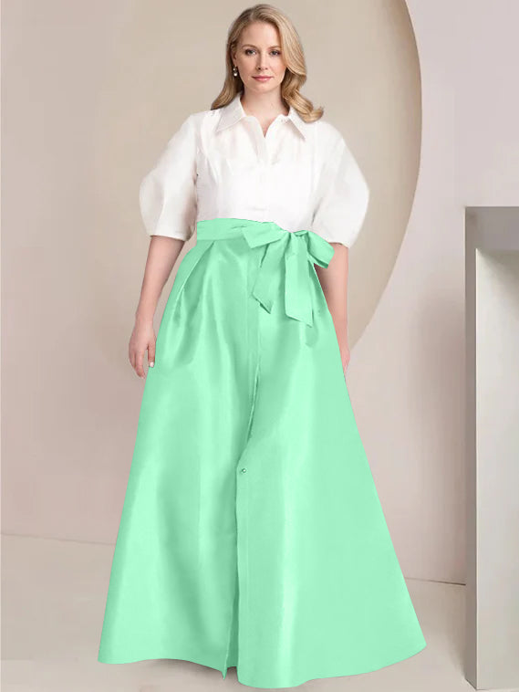 A Line Shirt Collar Long Plus Size Mother of the Bride 2 Piece Dress with Bowknot