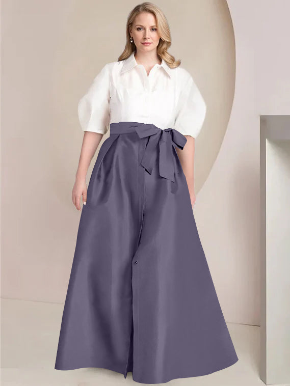 A Line Shirt Collar Long Plus Size Mother of the Bride 2 Piece Dress with Bowknot