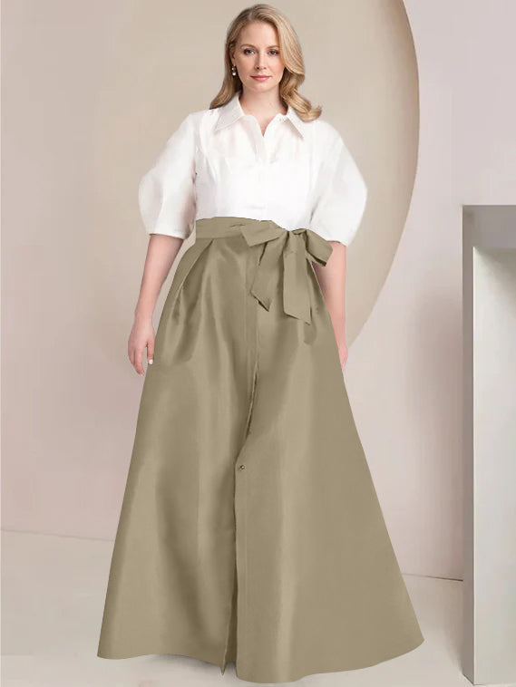 A Line Shirt Collar Long Plus Size Mother of the Bride 2 Piece Dress with Bowknot