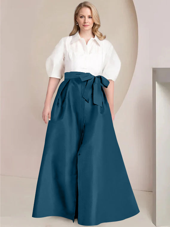 A Line Shirt Collar Long Plus Size Mother of the Bride 2 Piece Dress with Bowknot