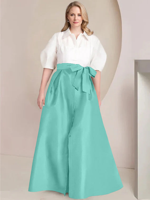 A Line Shirt Collar Long Plus Size Mother of the Bride 2 Piece Dress with Bowknot