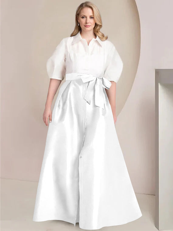 A Line Shirt Collar Long Plus Size Mother of the Bride 2 Piece Dress with Bowknot