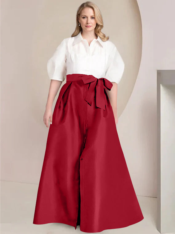 A Line Shirt Collar Long Plus Size Mother of the Bride 2 Piece Dress with Bowknot