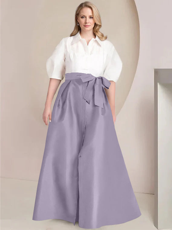 A Line Shirt Collar Long Plus Size Mother of the Bride 2 Piece Dress with Bowknot
