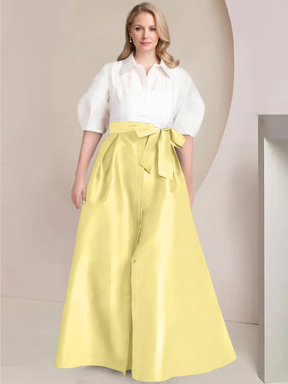 A Line Shirt Collar Long Plus Size Mother of the Bride 2 Piece Dress with Bowknot