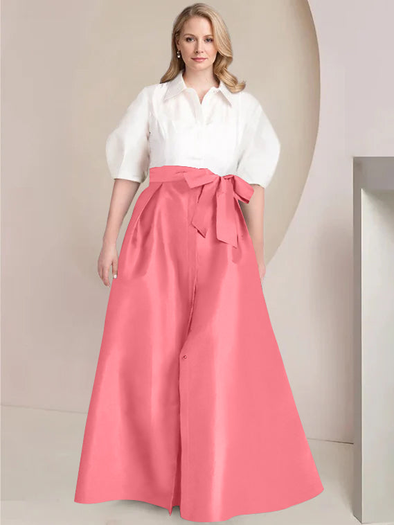 A Line Shirt Collar Long Plus Size Mother of the Bride 2 Piece Dress with Bowknot