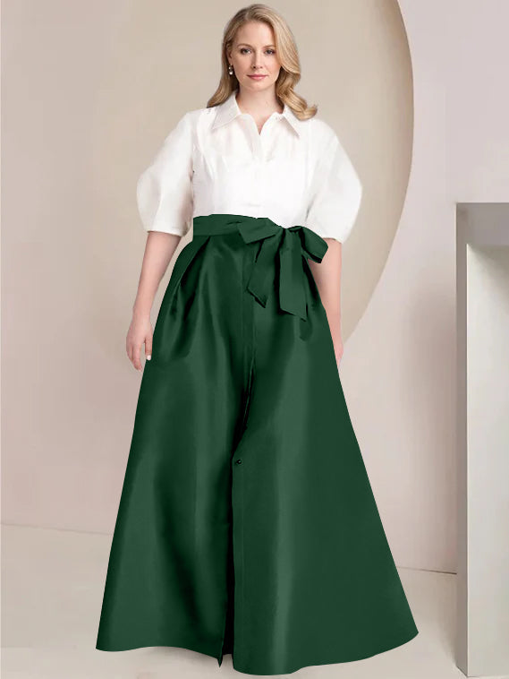 A Line Shirt Collar Long Plus Size Mother of the Bride 2 Piece Dress with Bowknot