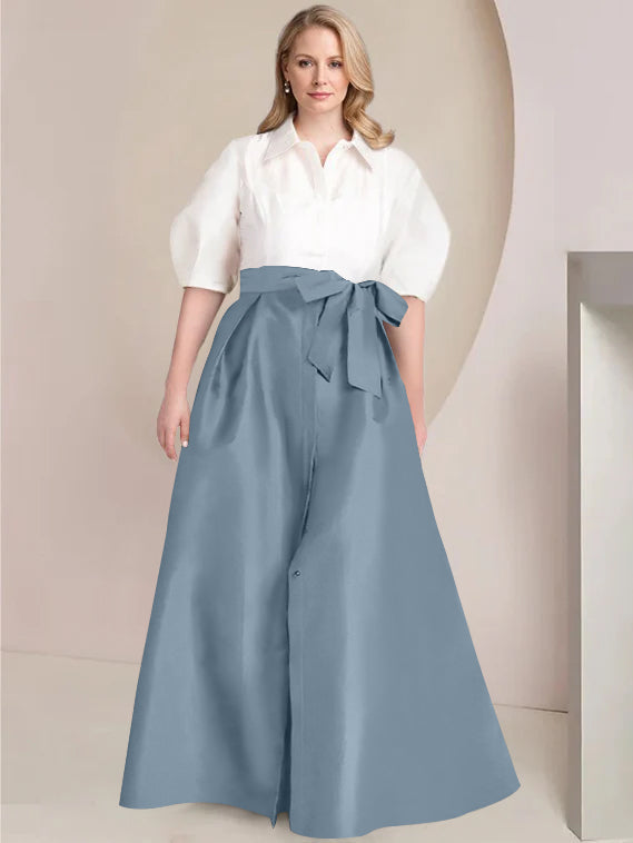 A Line Shirt Collar Long Plus Size Mother of the Bride 2 Piece Dress with Bowknot