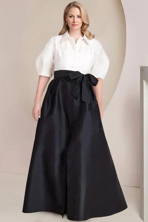 A Line Shirt Collar Long Plus Size Mother of the Bride 2 Piece Dress with Bowknot