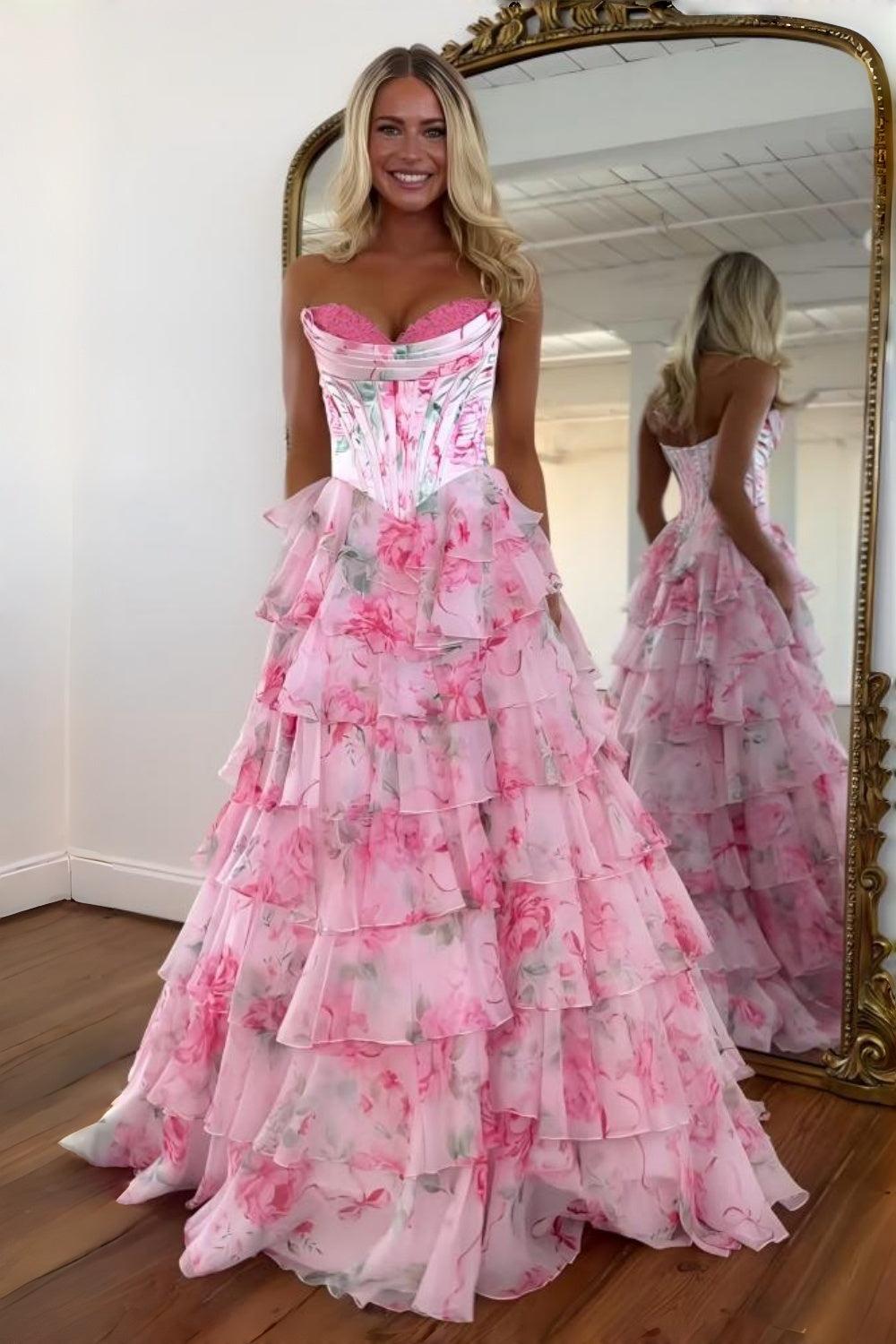 Suzhoufashion Princess A Line Sweetheart Pink Corset Prom Dress With Ruffles Appliques Formal Evening Gown