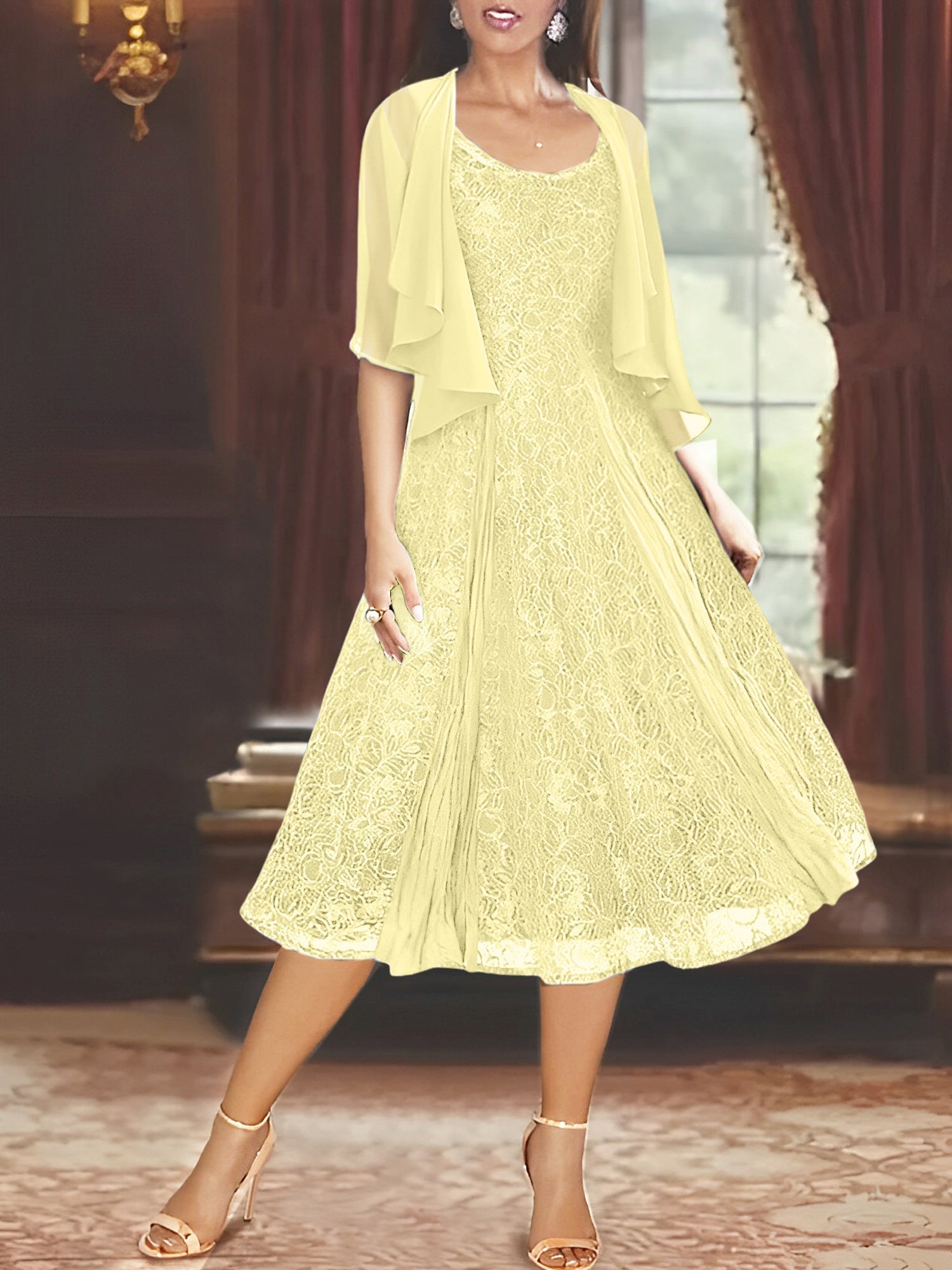 A Line Tea Length Mother of the Bride Dress with Scoop Neck Half Sleeves Appliques and Jacket