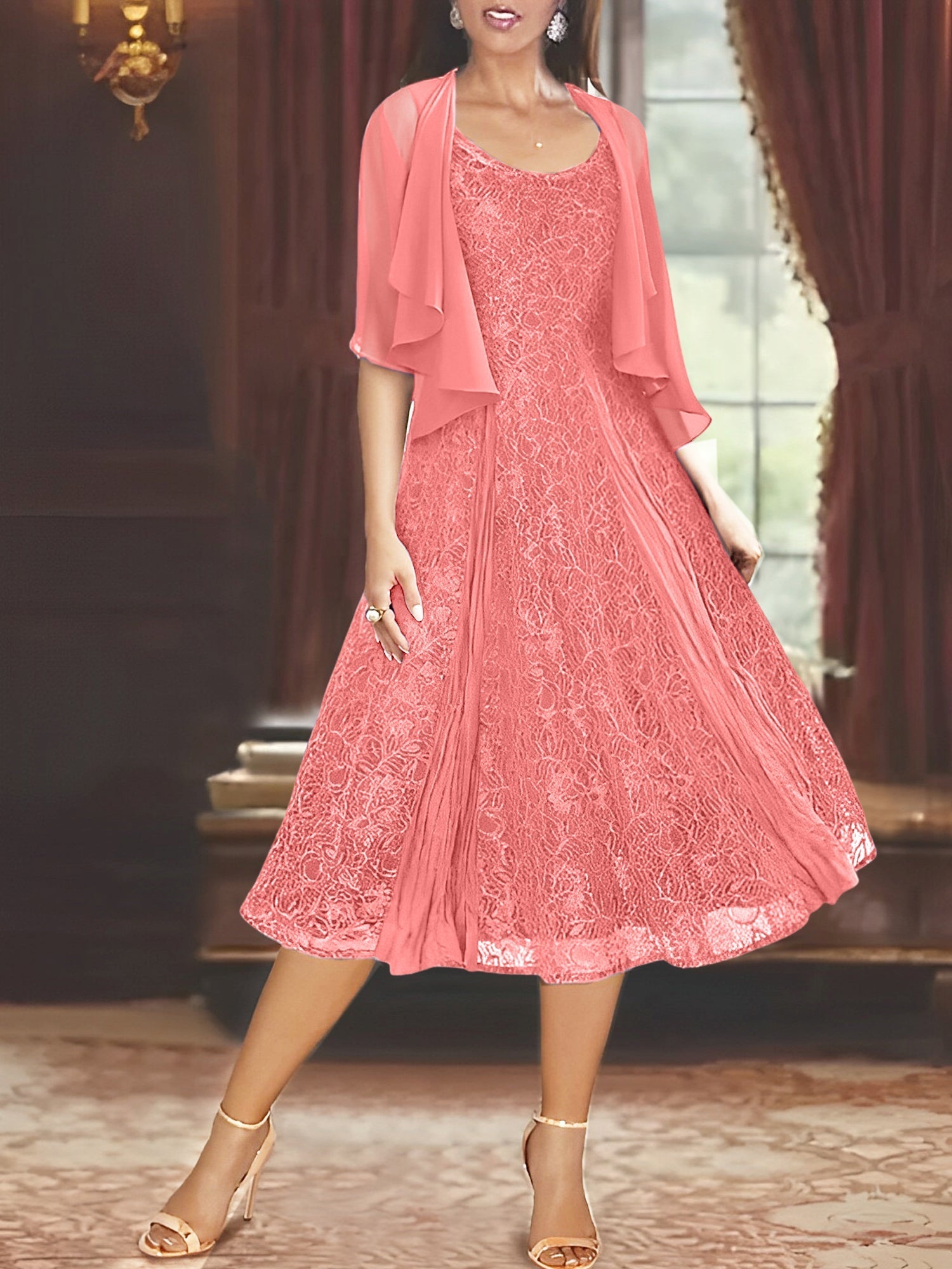 A Line Tea Length Mother of the Bride Dress with Scoop Neck Half Sleeves Appliques and Jacket