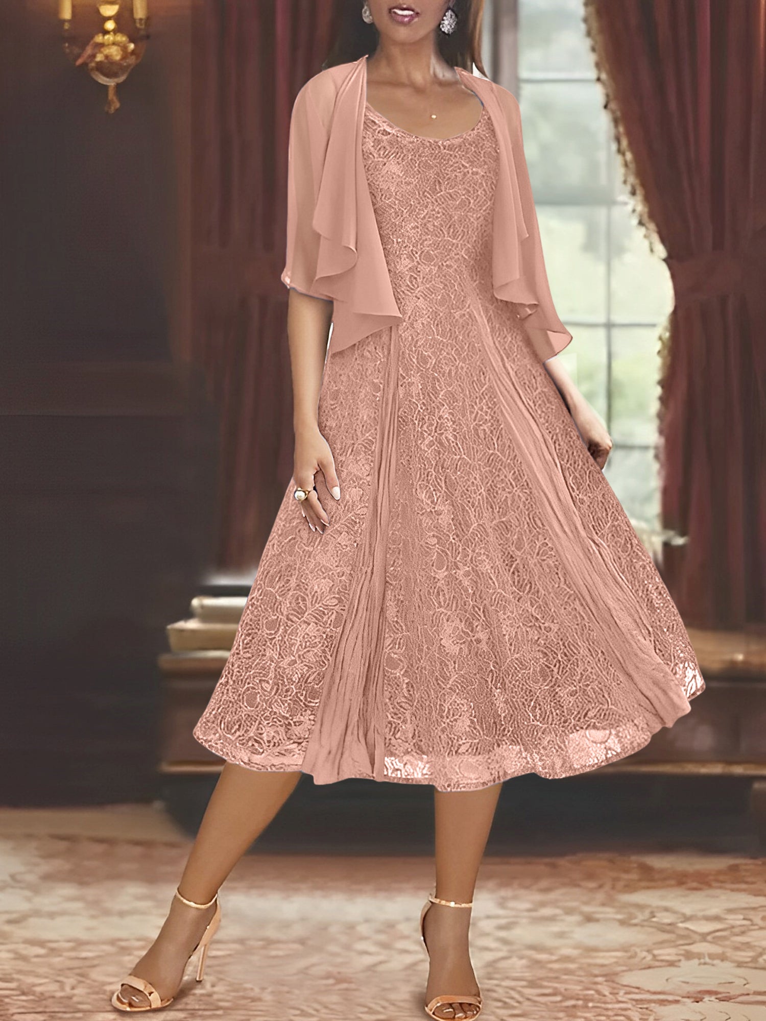 A Line Tea Length Mother of the Bride Dress with Scoop Neck Half Sleeves Appliques and Jacket