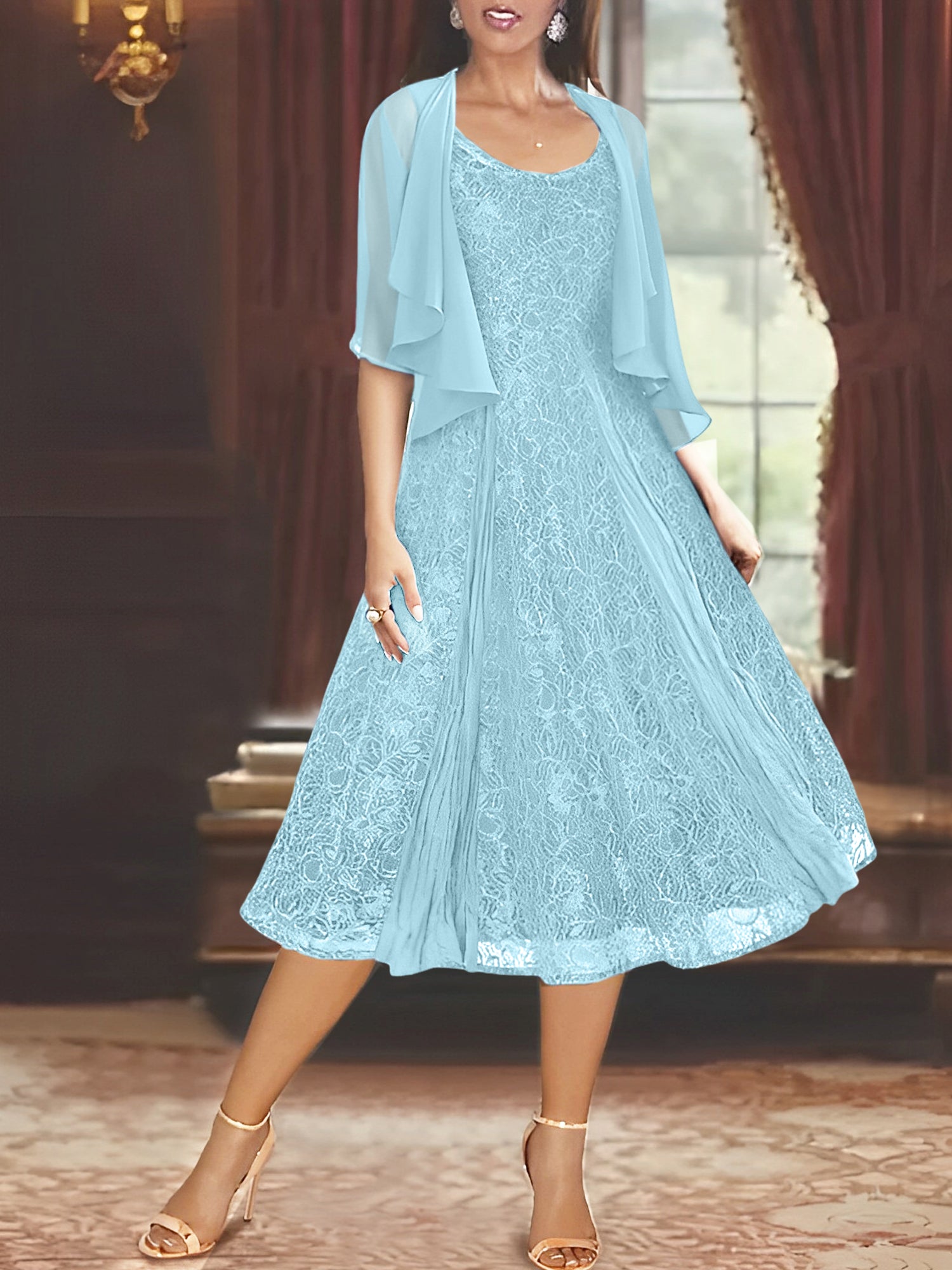 A Line Tea Length Mother of the Bride Dress with Scoop Neck Half Sleeves Appliques and Jacket