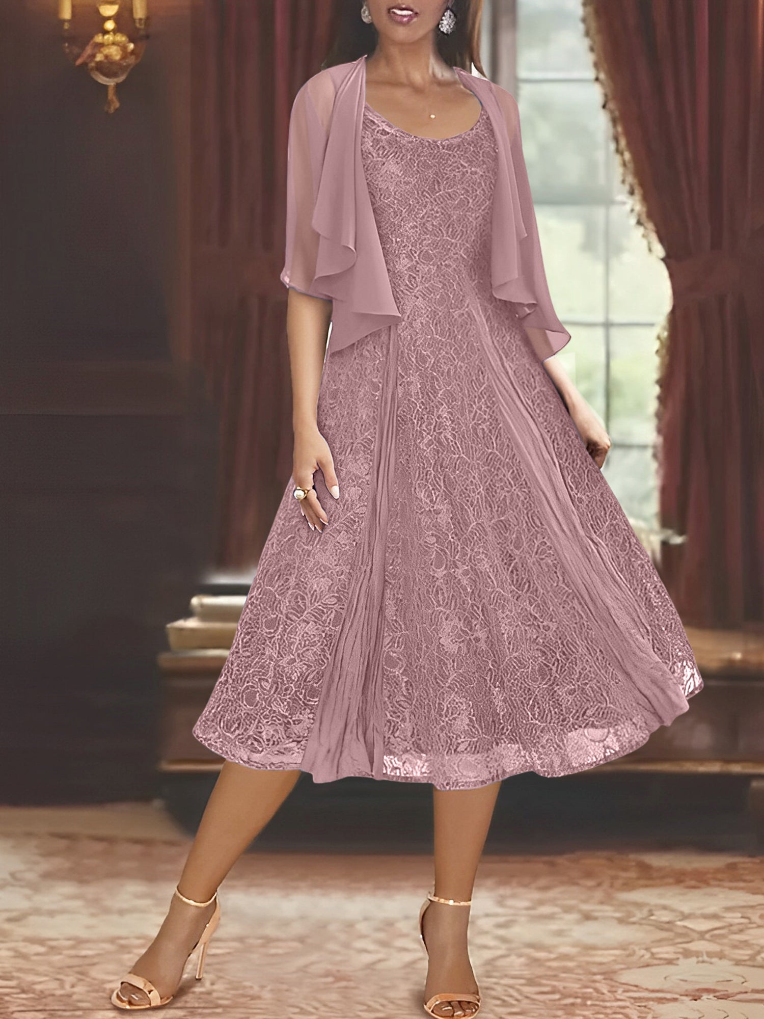 A Line Tea Length Mother of the Bride Dress with Scoop Neck Half Sleeves Appliques and Jacket