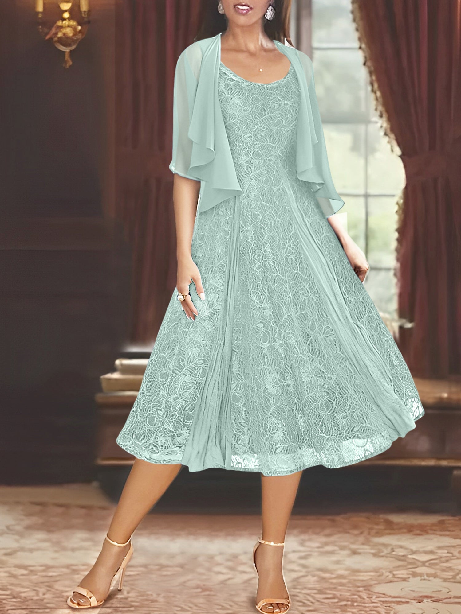 A Line Tea Length Mother of the Bride Dress with Scoop Neck Half Sleeves Appliques and Jacket