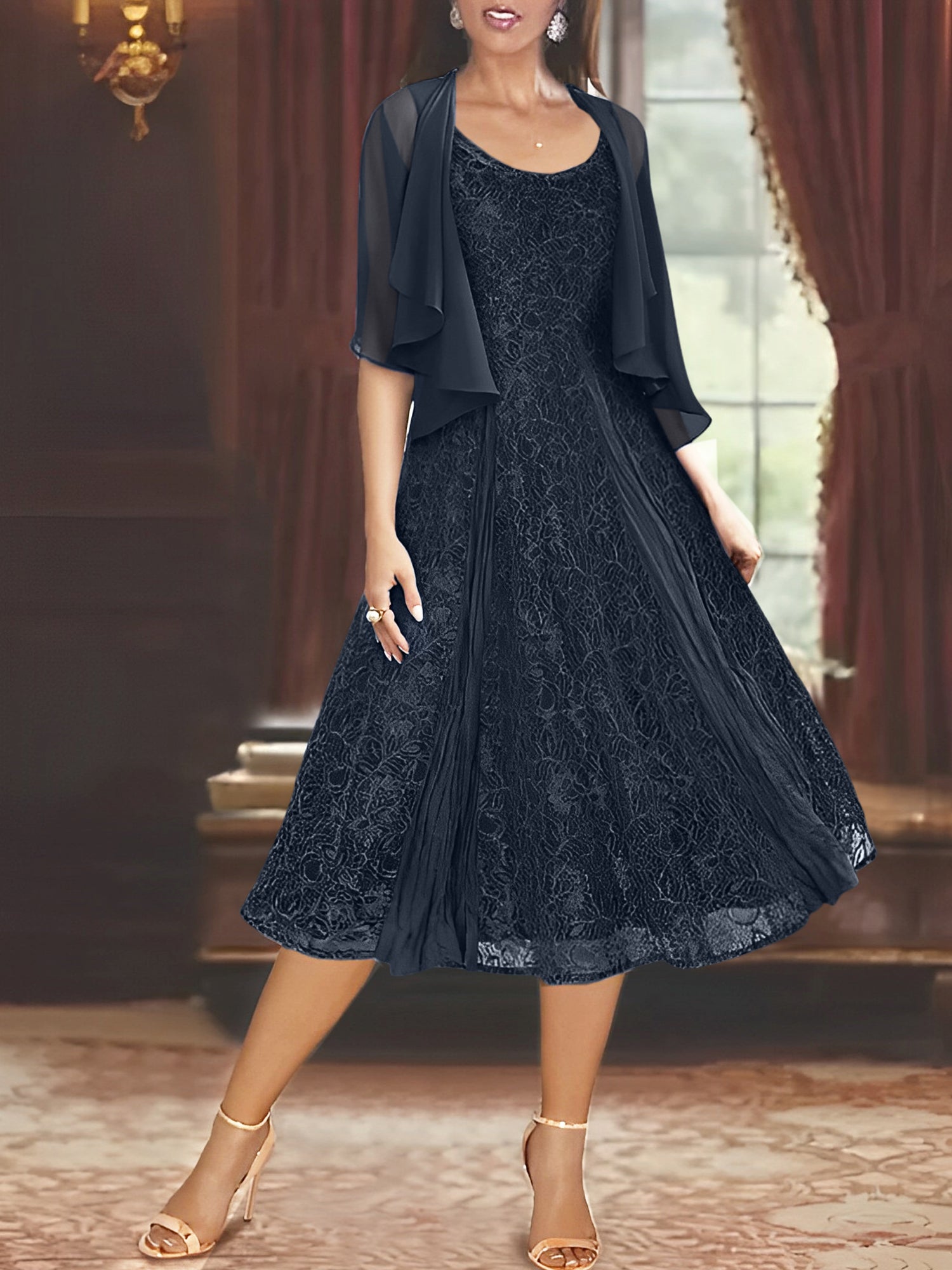 A Line Tea Length Mother of the Bride Dress with Scoop Neck Half Sleeves Appliques and Jacket