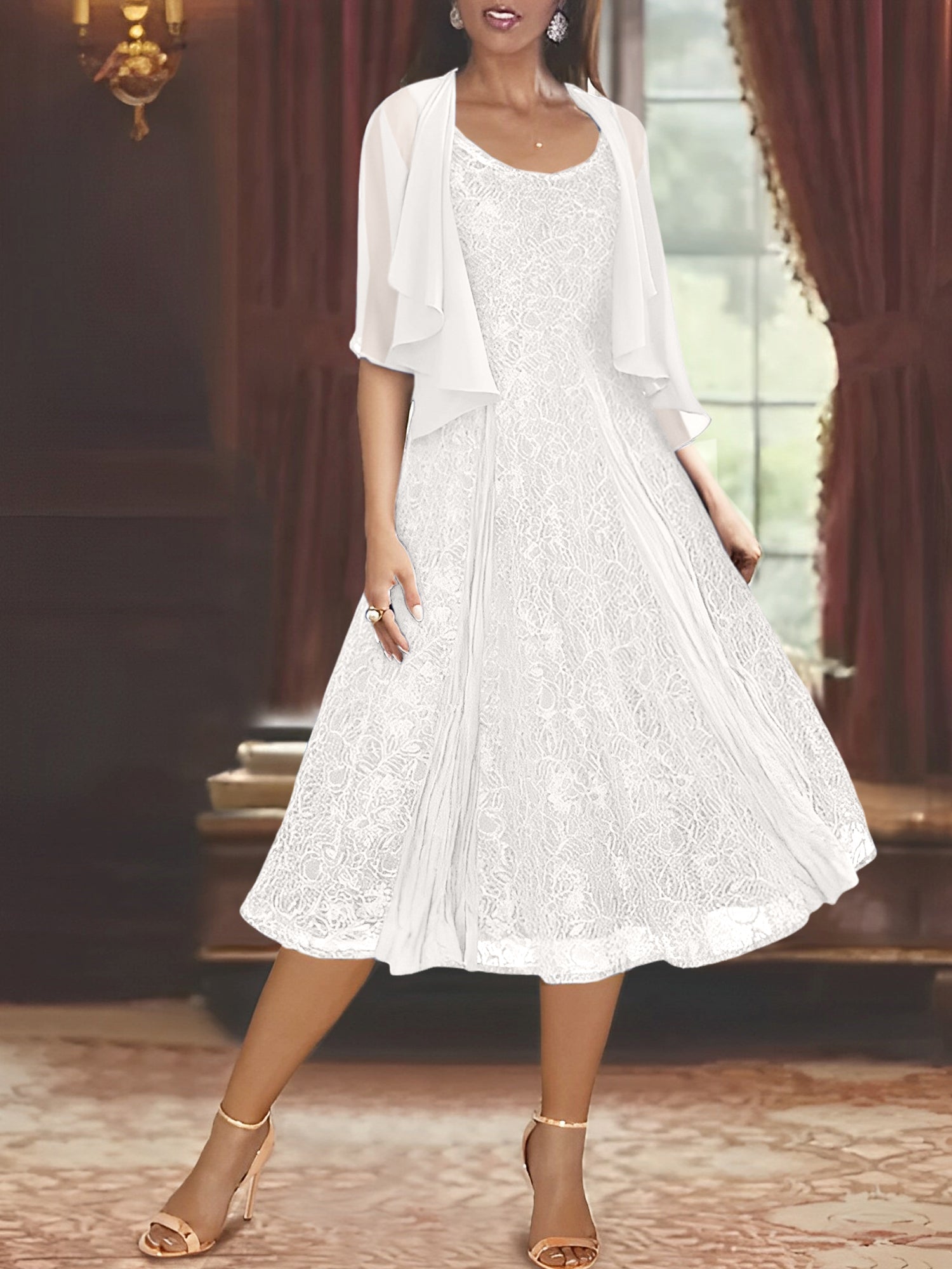A Line Tea Length Mother of the Bride Dress with Scoop Neck Half Sleeves Appliques and Jacket