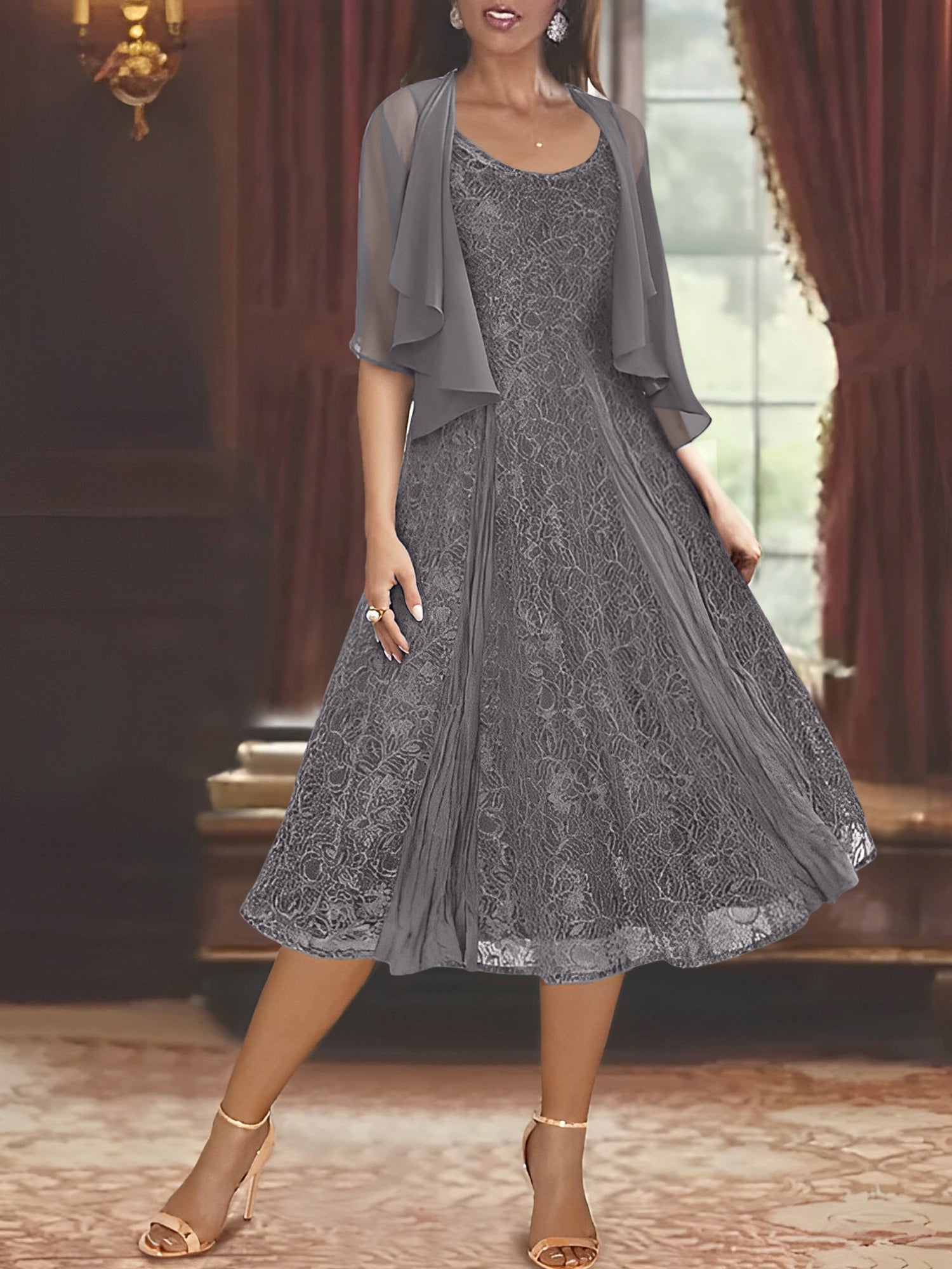 A Line Tea Length Mother of the Bride Dress with Scoop Neck Half Sleeves Appliques and Jacket