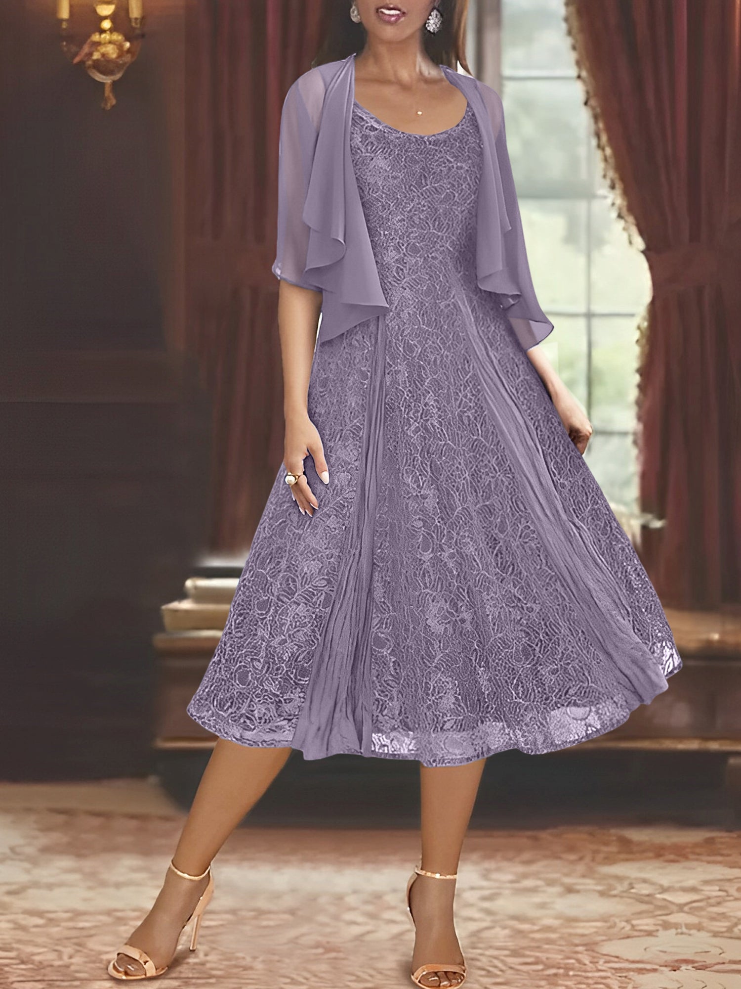 A Line Tea Length Mother of the Bride Dress with Scoop Neck Half Sleeves Appliques and Jacket