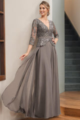 A Line V Neck Long Mother of the Bride Dress with 3/4 Sleeves Appliques & Sequins