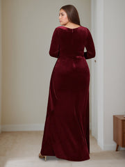 A Line V Neck Long Plus Size Velvet Mother of the Bride Dress with Long Sleeves and Ruffles