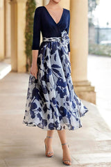 Princess A-Line V-Neck Floral Mother of the Bride Dress with 3/4 Sleeves and Ankle Length