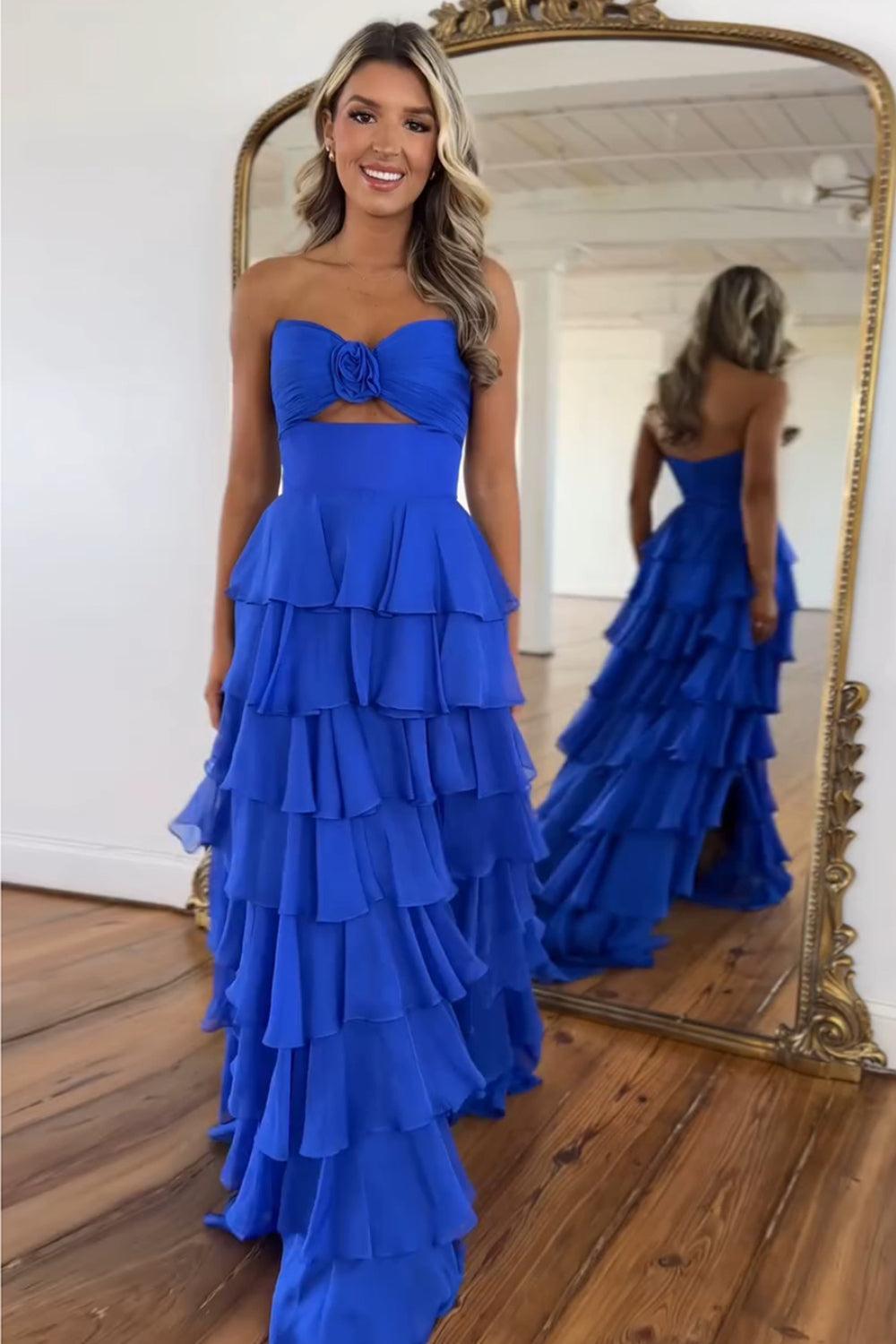 strapless open back dress Suzhoufashion Princess Blush Prom Dress Sweetheart Ruffled Long Formal Dress with Slit